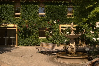 Idyllic, green outdoor area with fountain, Werkhaus in the background